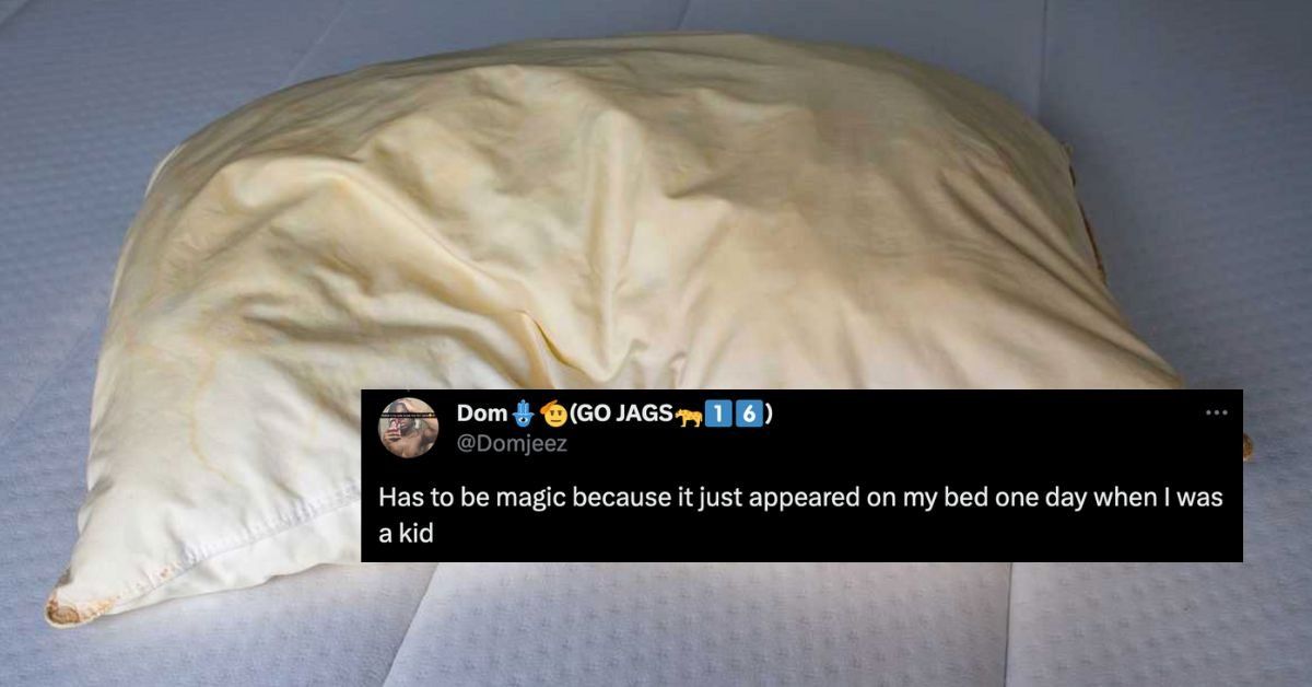 Photo of yellow-stained pillow with the X caption: "Has to be magic because it just appeared on my bed one day when I was a kid"