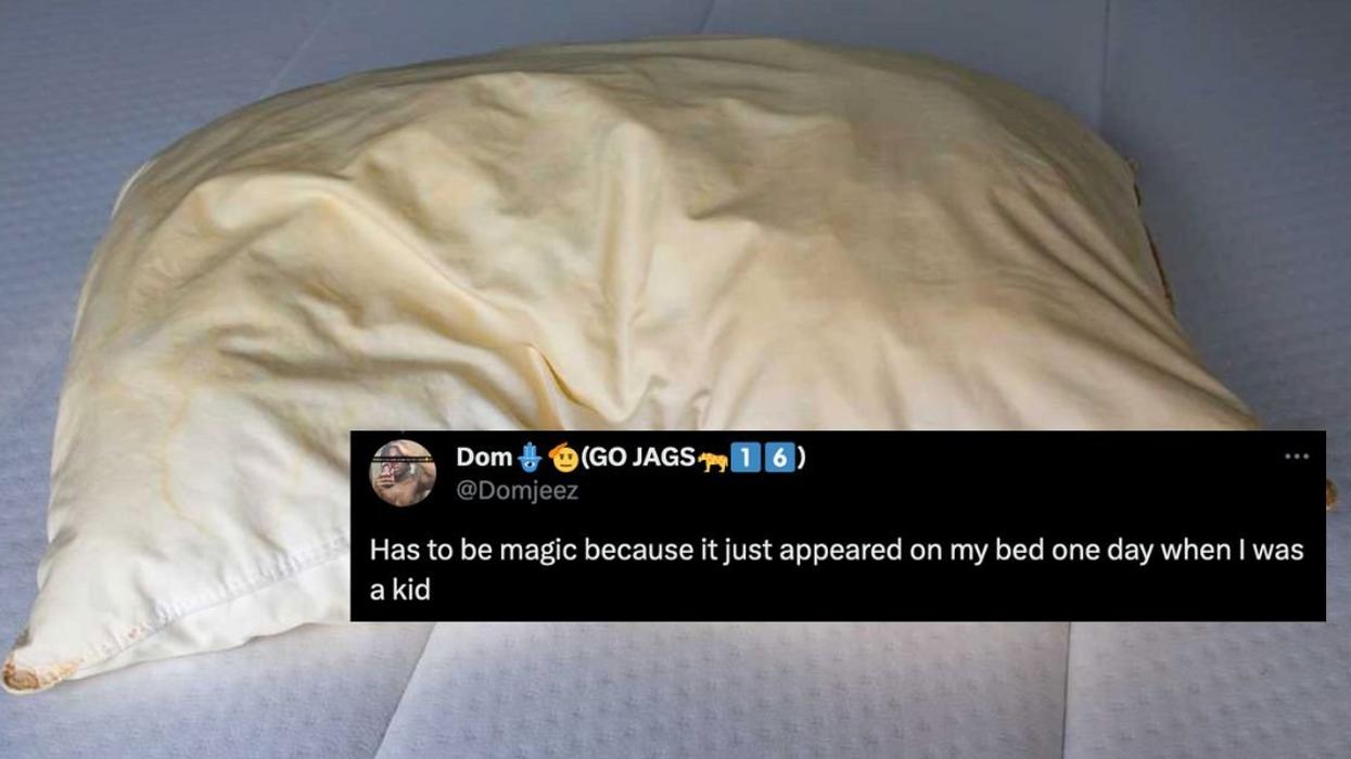 Photo of yellow-stained pillow with the X caption: "Has to be magic because it just appeared on my bed one day when I was a kid"