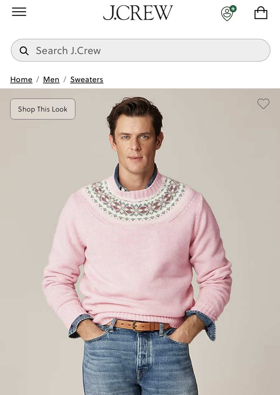 Picture of J. Crew model wearing pink sweater with floral collar
