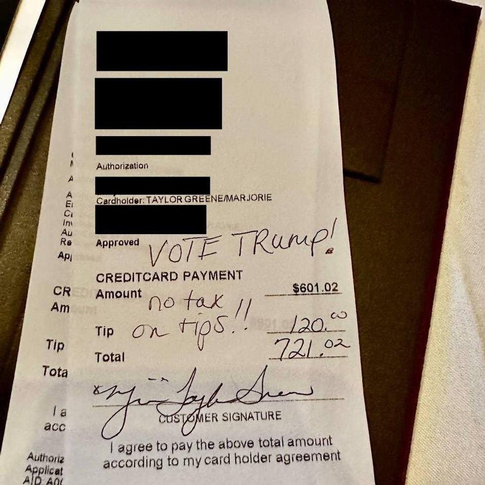 Picture of Marjorie Taylor Greene's restaurant receipt