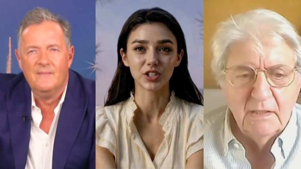 Piers Morgan (left) and Tom Conti (right) react as AI “actor” Tilly Norwood (center) takes their interview in an unexpected direction.