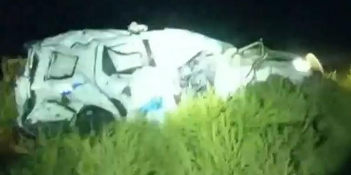 Platteville police cruiser after being hit by train in Platteville, Colorado