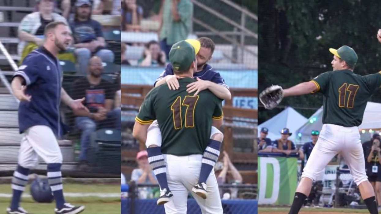 Portland Pickles players turn a heated confrontation into a kiss.