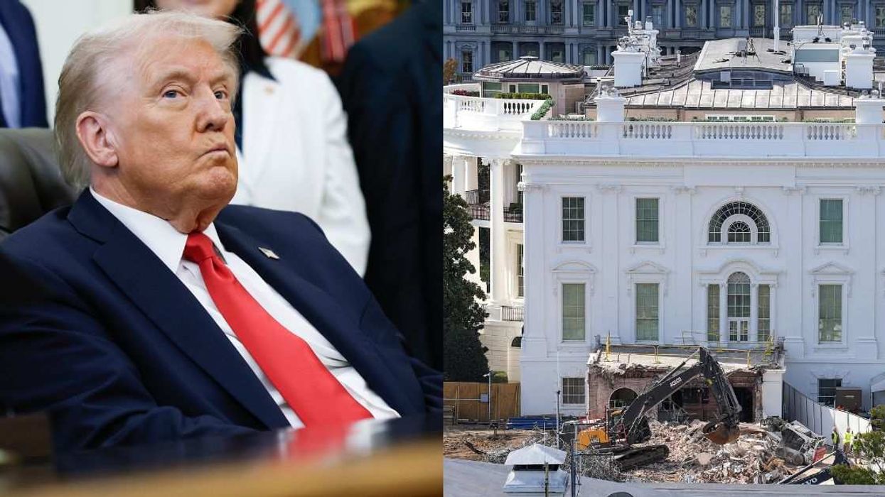 President Donald Trump (left) and the ongoing demolition of the White House East Wing (right), where construction crews have begun clearing space for his planned 90,000-square-foot ballroom.