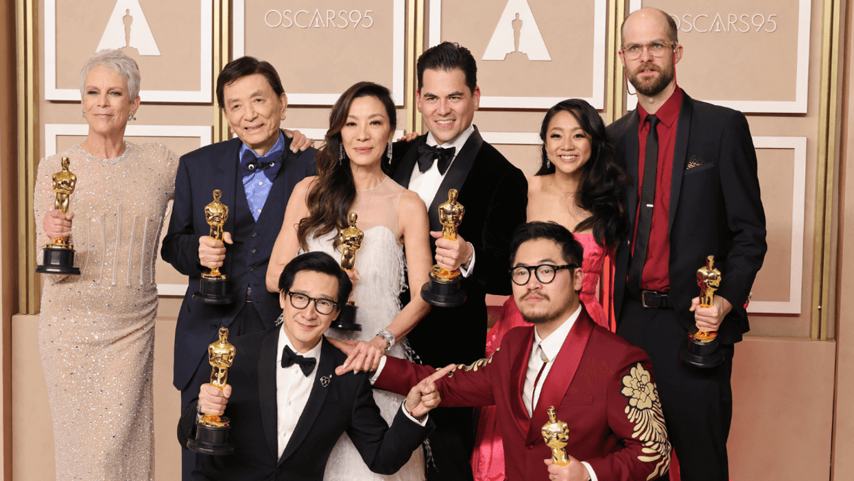 principal cast and creators of 'Everything Everywhere All At Once' with their Oscars