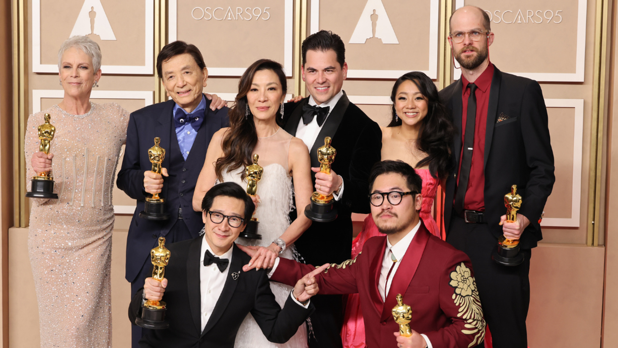 principal cast and creators of 'Everything Everywhere All At Once' with their Oscars