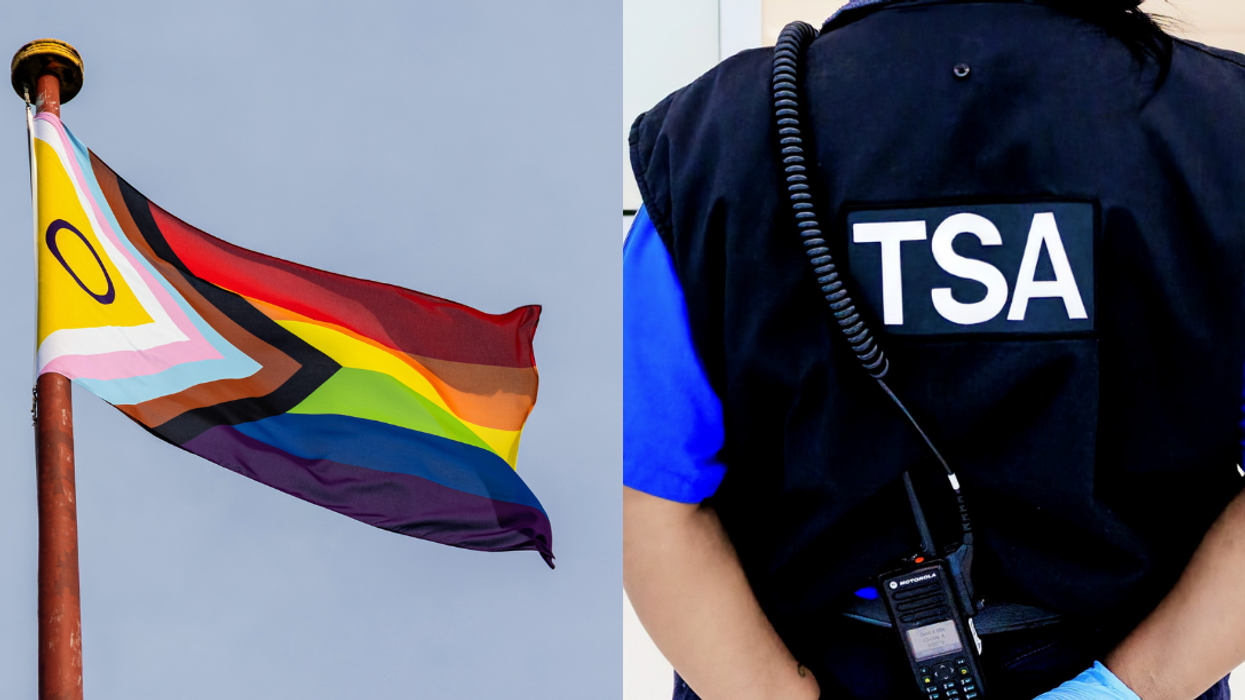 progressive Pride flag, closeup of TSA agent