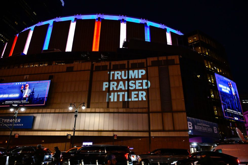 Projected message "Trump Praised Hitler" on Madison Square Garden