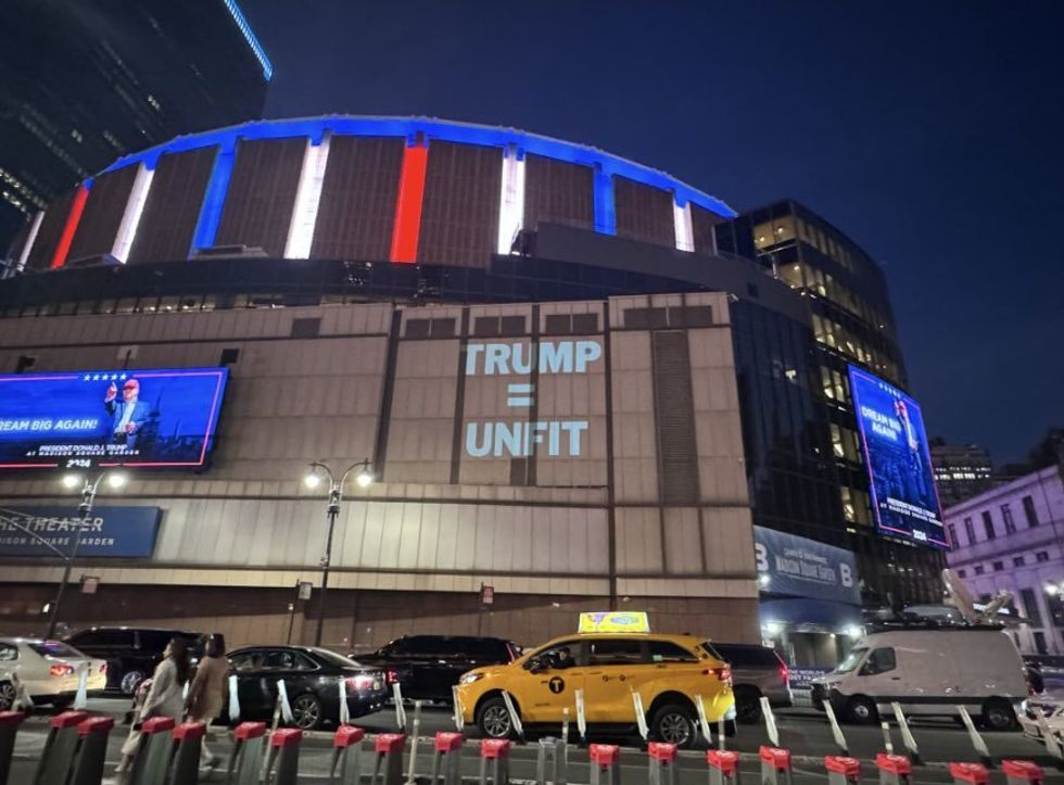 Projected message "Trump = Unfit" on Madison Square Garden