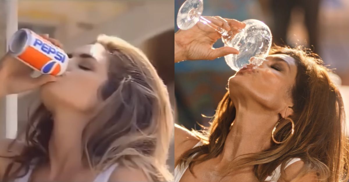 (R) Cindy Crawford drinking a can of Pepsi; (L) Cindy Crawford drinking margarita
