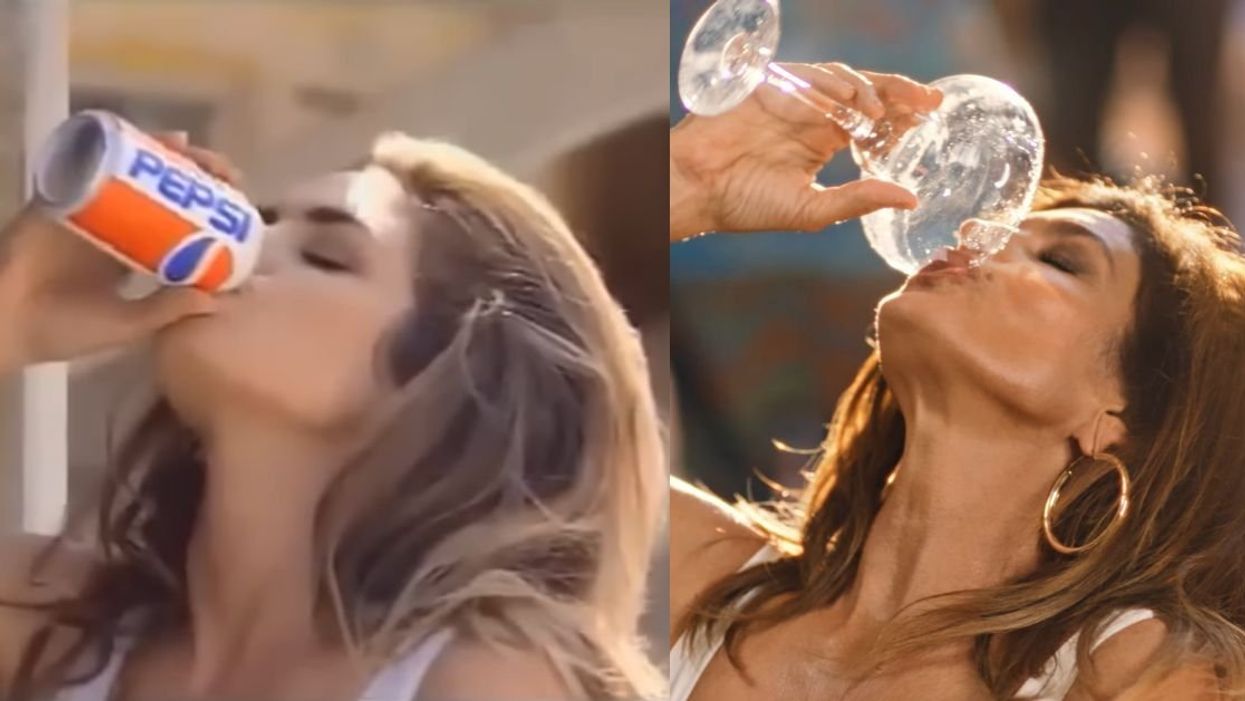(R) Cindy Crawford drinking a can of Pepsi; (L) Cindy Crawford drinking margarita