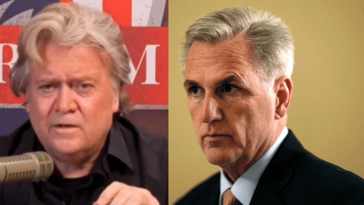 Real America's Voice screenshot of Steve Bannon; Kevin McCarthy