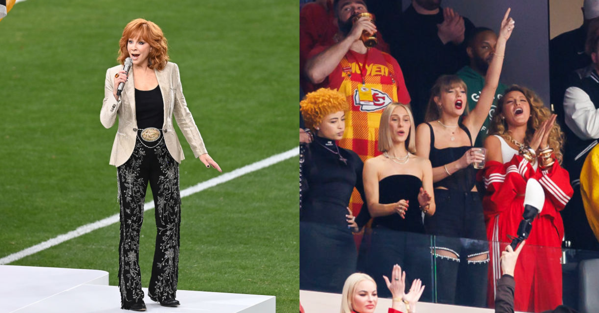 Reba McEntire performing at Super Bowl; Taylor Swift cheering at Super Bowl