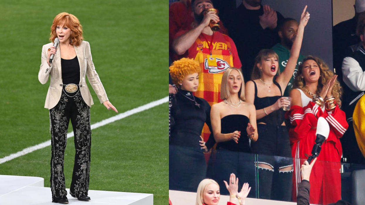 Reba McEntire performing at Super Bowl; Taylor Swift cheering at Super Bowl