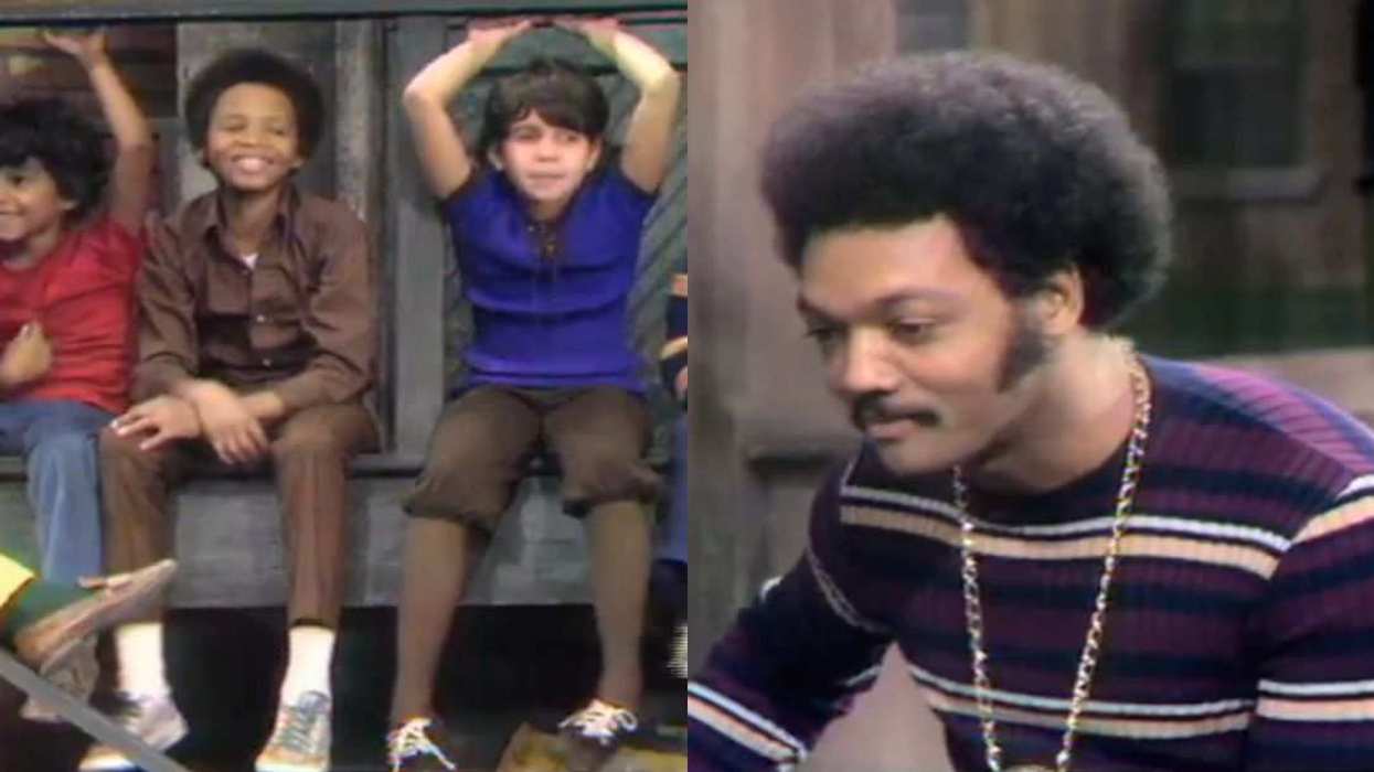 Reverend Jesse Jackson leads children in his empowering “I Am Somebody” chant during a 1972 appearance on Sesame Street.