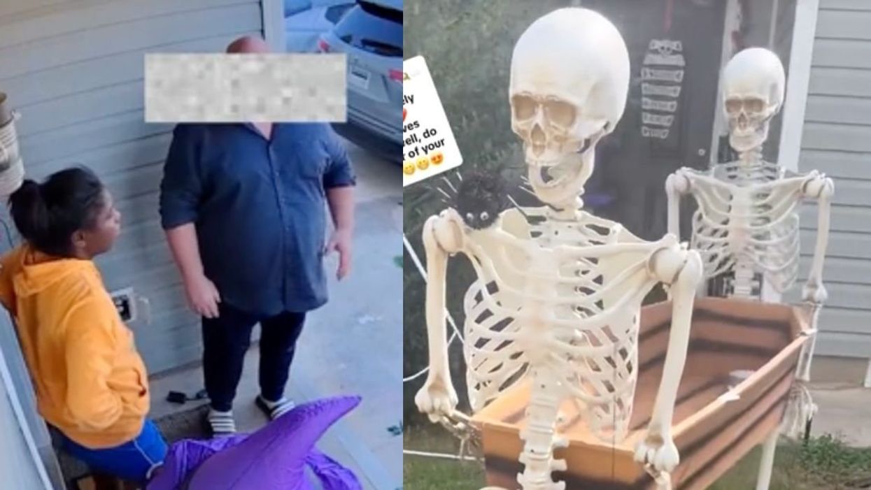 Ring footage of homeowner and neighbor; fake skeltons carrying a casket