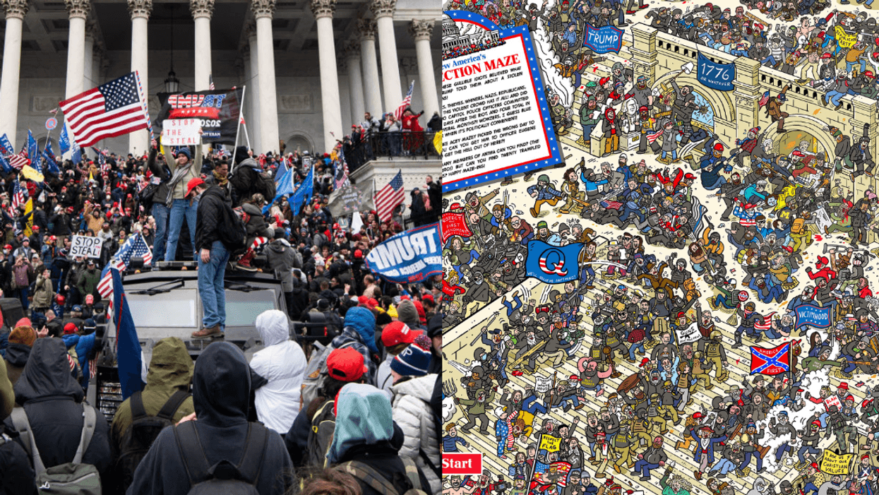 Rioters take over the steps of the United States Capitol; the Insurrection Maze illustration