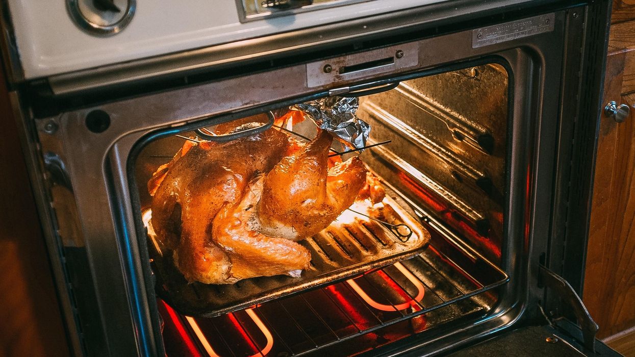 roast turkey in an oven on a broiler pan