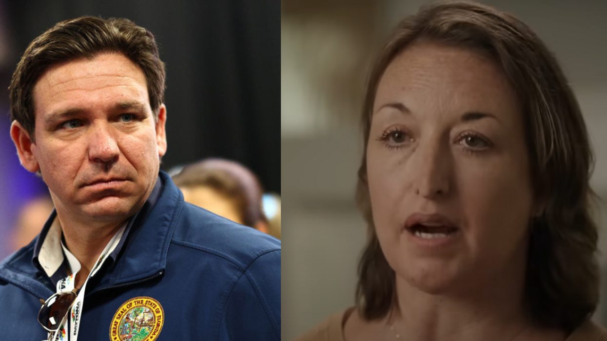 Ron DeSantis; Screenshot of "Caroline" from Floridians Protecting Freedom ad