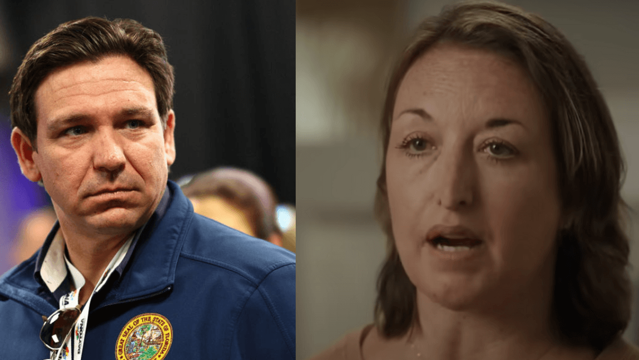 Ron DeSantis; Screenshot of "Caroline" from Floridians Protecting Freedom ad