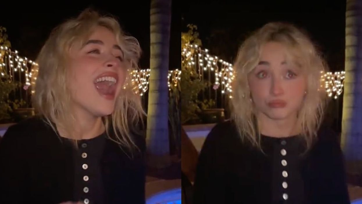 Sabrina Carpenter singing; Carpenter looking shocked