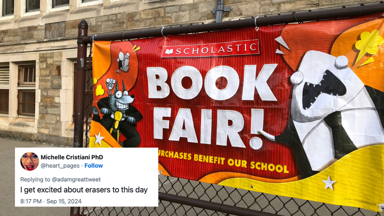 Scholastic Book Fair banner with screenshot of tweet
