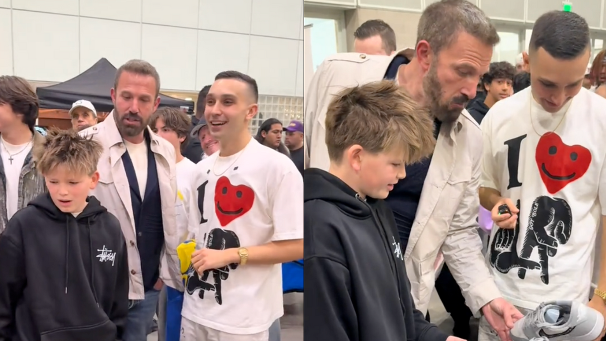 Screenschot of Ben Affleck, his son Samuel, and and a sales rep looking at sneakers