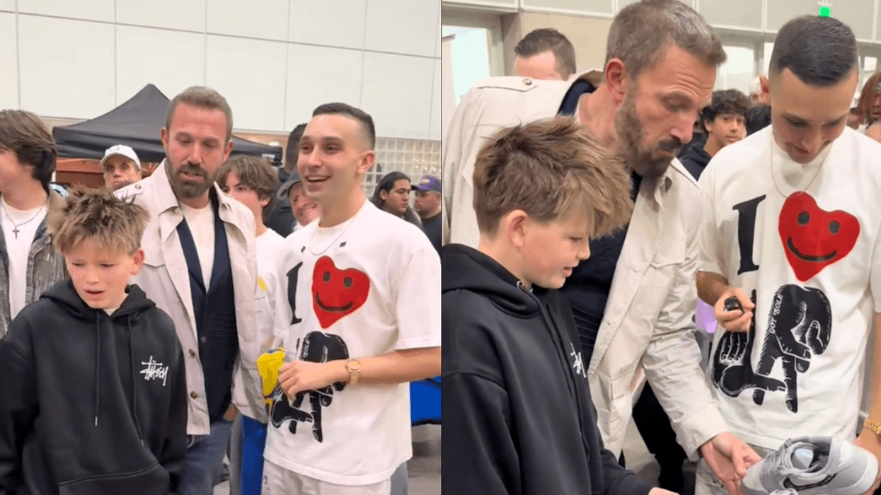Screenschot of Ben Affleck, his son Samuel, and and a sales rep looking at sneakers