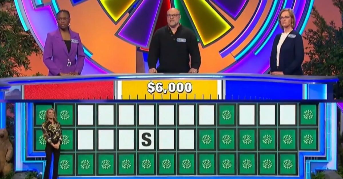 Screenshot from a "Wheel of Fortune" board with the letter "S" in a blank three-word phrase