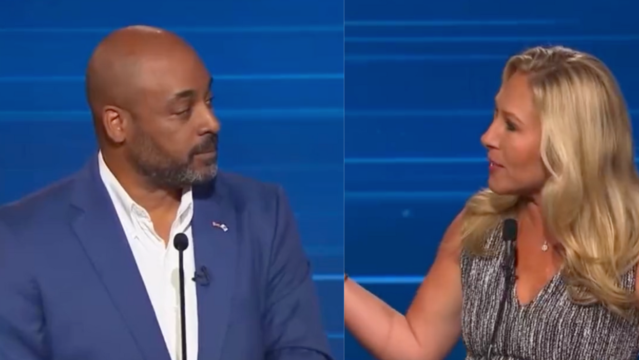 screenshot from debate between Democrat Marcus Flowers and Georgia Republican Representative Marjorie Taylor Greene