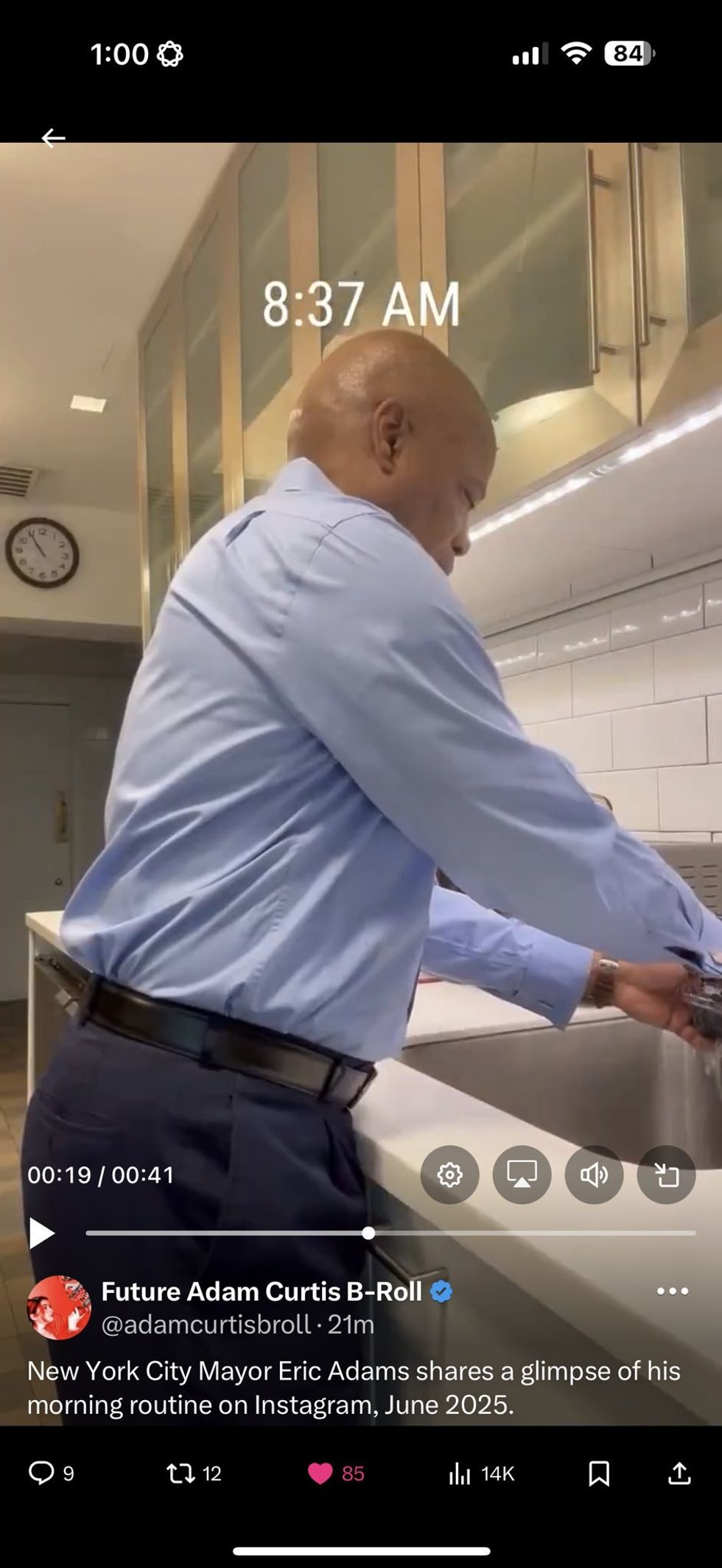 Screenshot from Eric Adams "morning routine" video