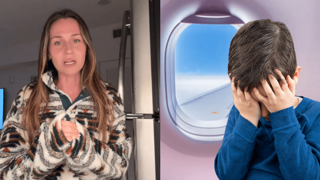 Screenshot from Kelli Klement's TikTok video; Child stressed out on flight