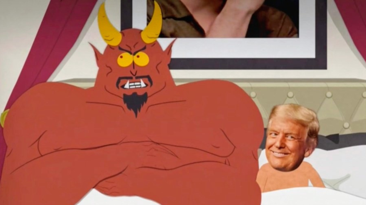 Screenshot from "South Park" of Satan and Donald Trump in bed together