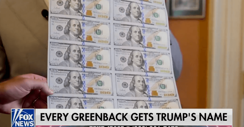 Screenshot of $100 bills with Trump's signature