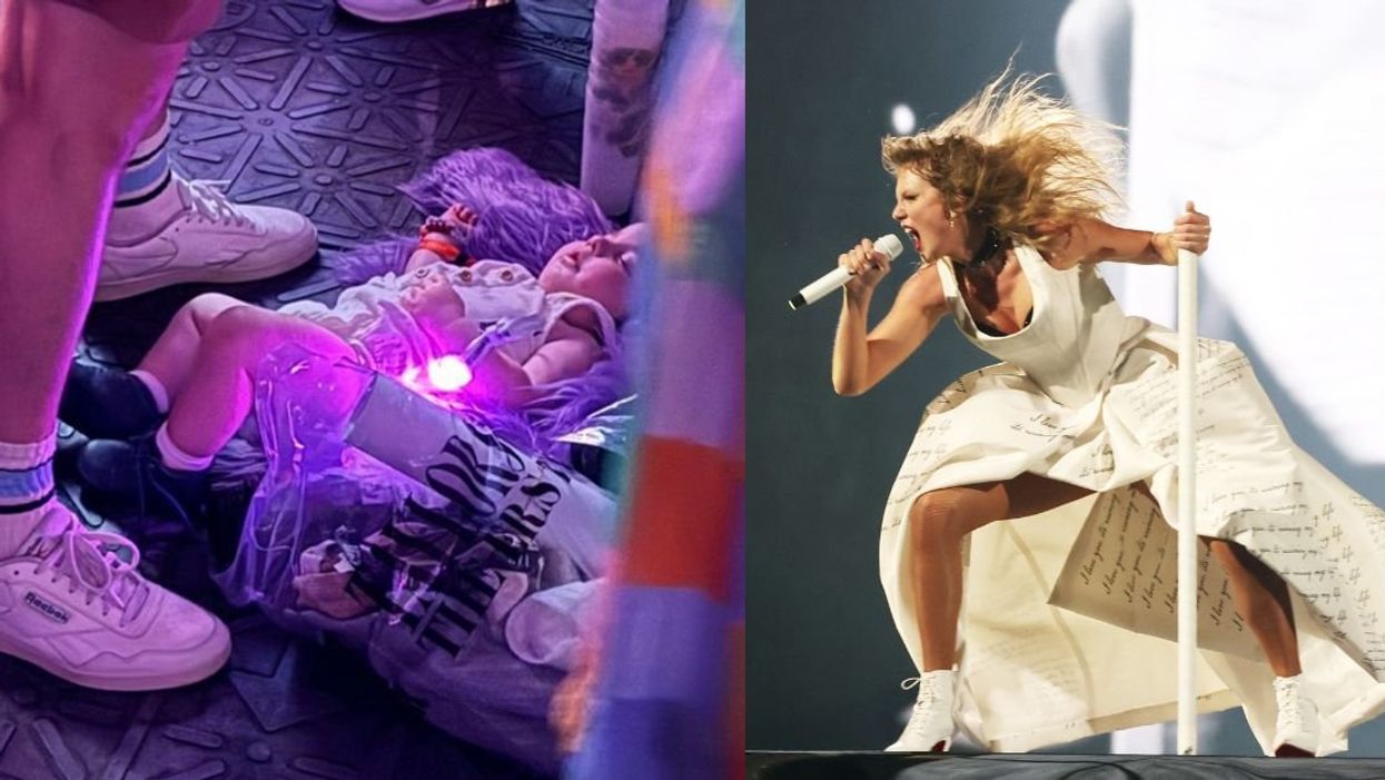 Screenshot of a baby left on the concert floor; Taylor Swift performing her "Eras Tour" concert in Paris