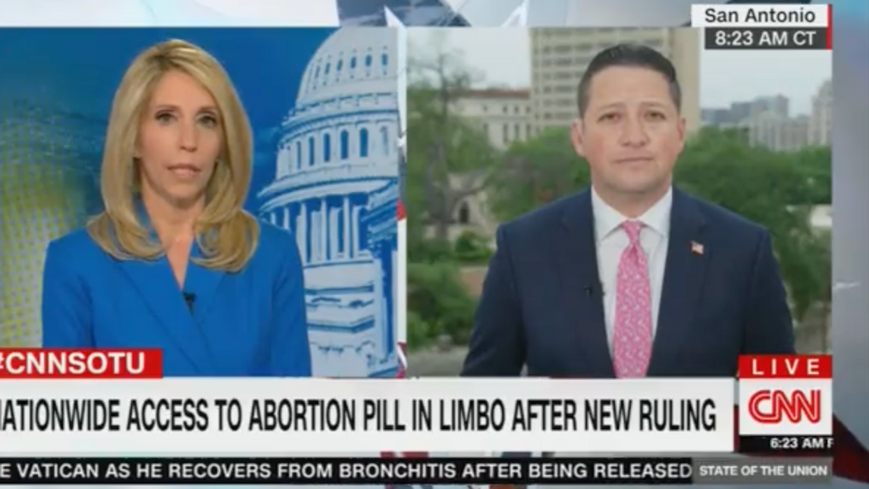 Screenshot of a CNN broadcast with CNN host Dana Bash on the left and Texas Representative Tony Gonzales on the right. The lower third text reads "Nationwide Access to Abortion Pill in Limbo After New Ruling"
