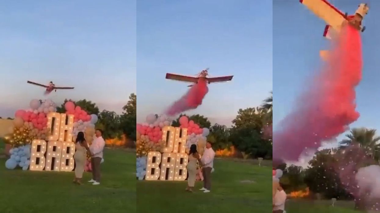 Screenshot of a plane participating in a gender reveal party