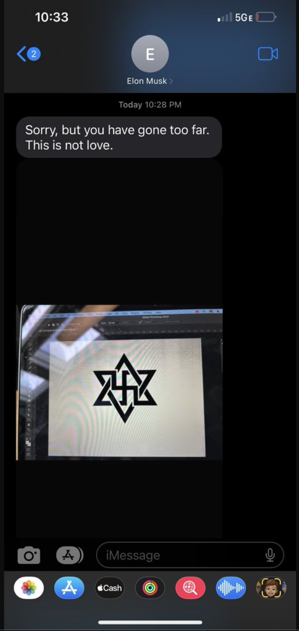 Screenshot of a text exchange between Elon Musk and Ye