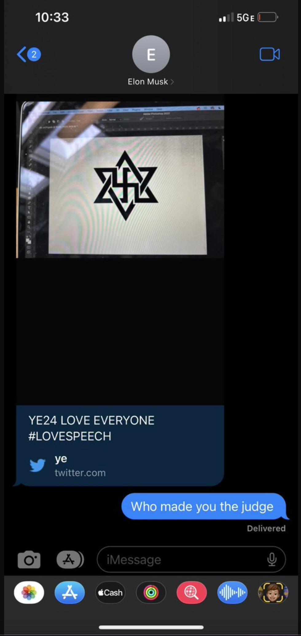 Screenshot of a text exchange between Elon Musk and Ye