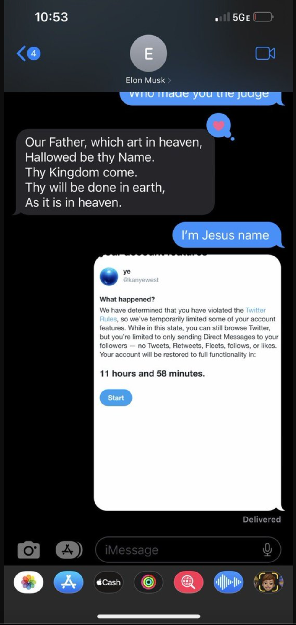 Screenshot of a text exchange between Elon Musk and Ye