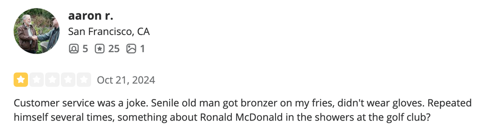 Screenshot of aaron r.'s Yelp review