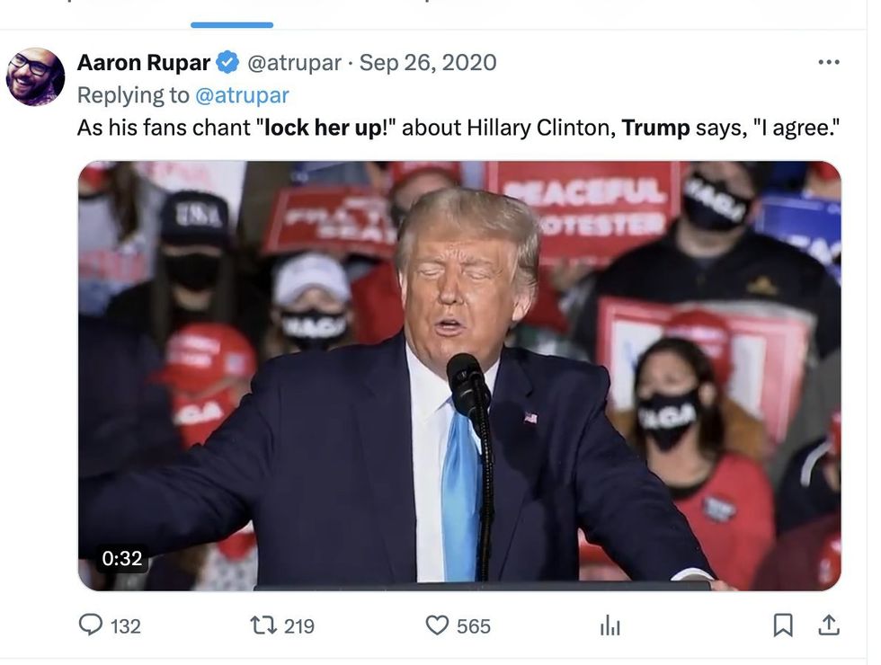 Screenshot of Aaron Rupar's post about Donald Trump's "Lock her up" chant