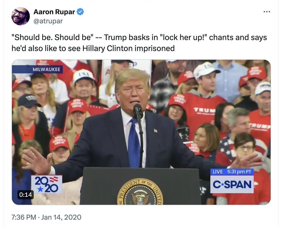 Screenshot of Aaron Rupar's post about Donald Trump's "Lock her up" chant