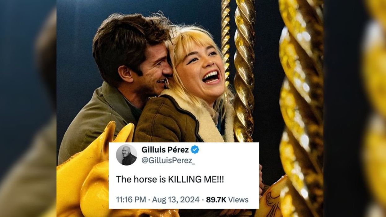 Screenshot of Andrew Garfield with Florence Pugh from the new movie "We Live in Time" with overlaying tweet that reads, "The horse is KILLING ME!!!"