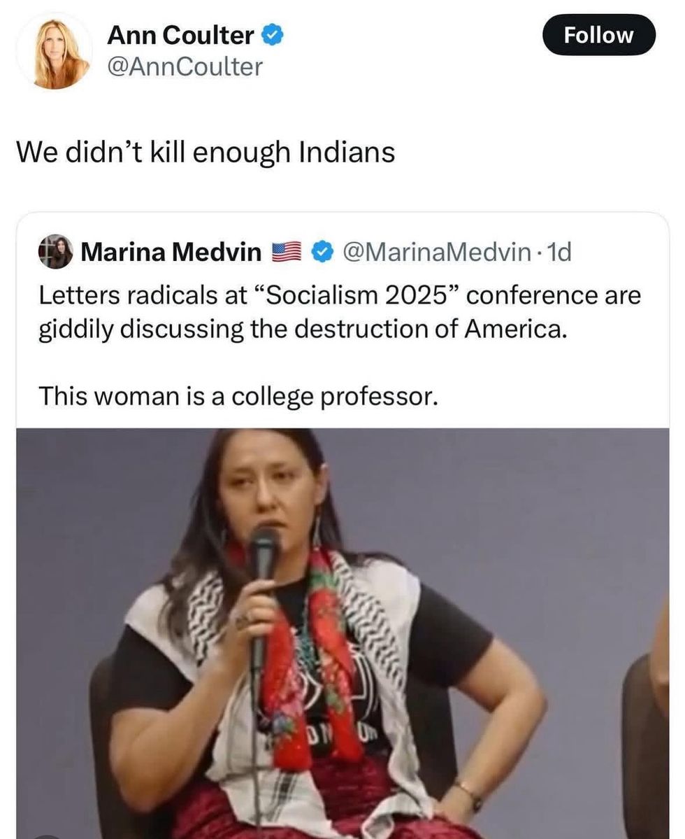 Screenshot of Ann Coulter's remark about killing Indians on X
