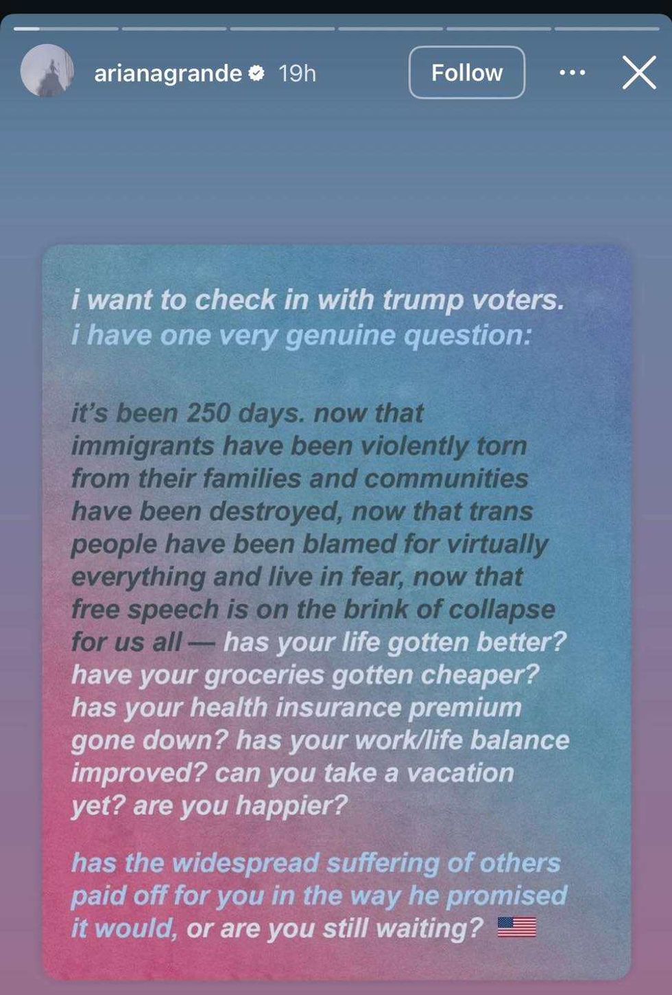 Screenshot of Ariana Grande's Instagram story