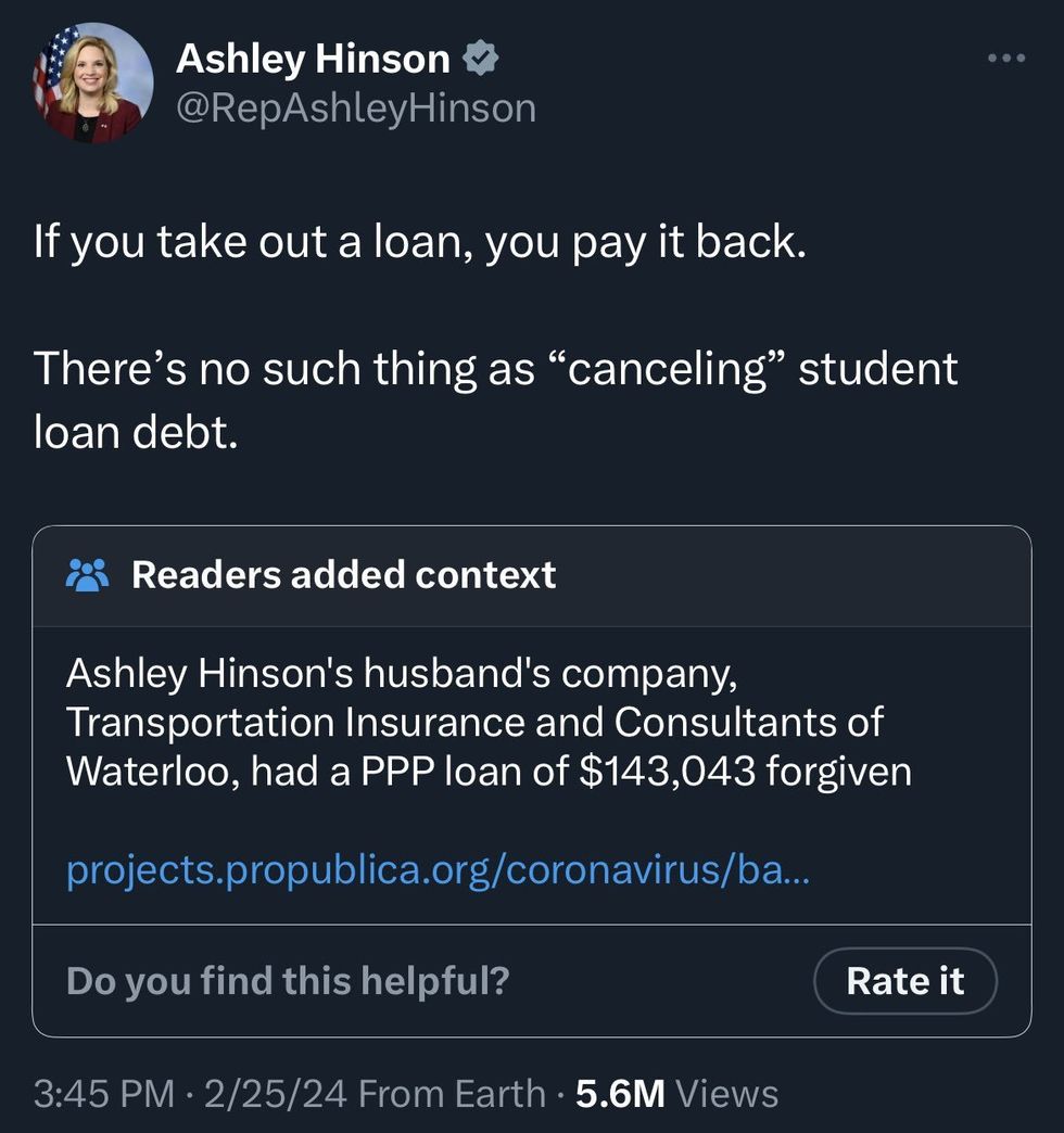 Screenshot of Ashley Hinson's post on X with Community Note