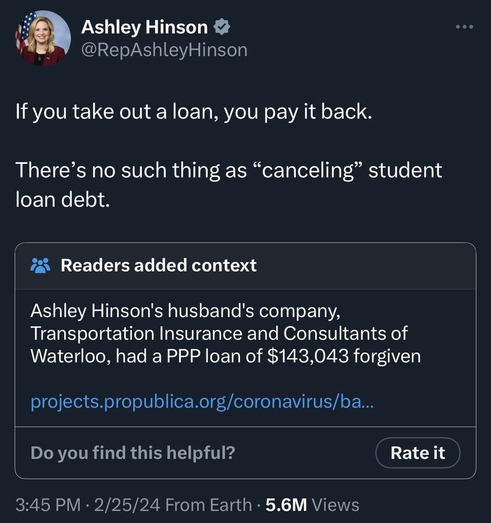 Screenshot of Ashley Hinson's post on X with Community Note