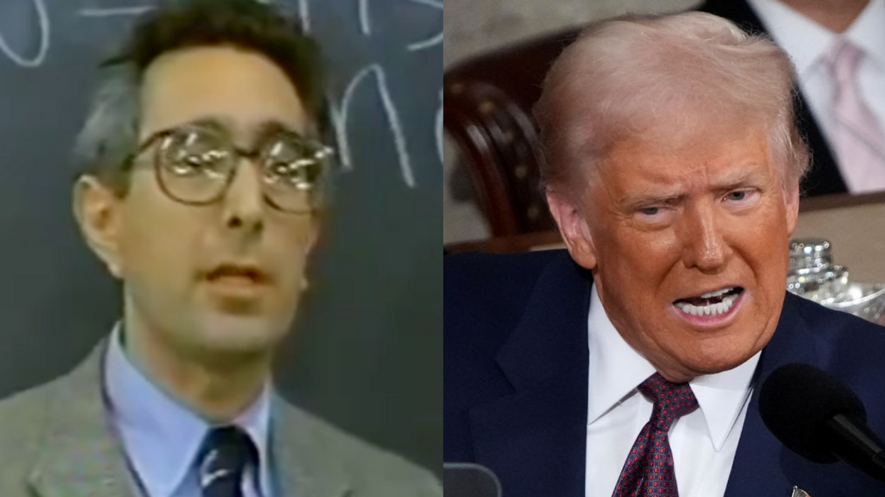 Screenshot of Ben Stein as the teacher in "Ferris Beuller's Day Off"; Donald Trump