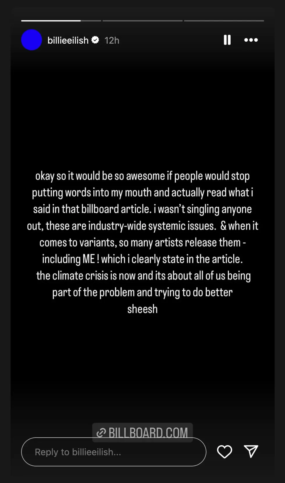 Screenshot of Billie Eilish's Instagram story